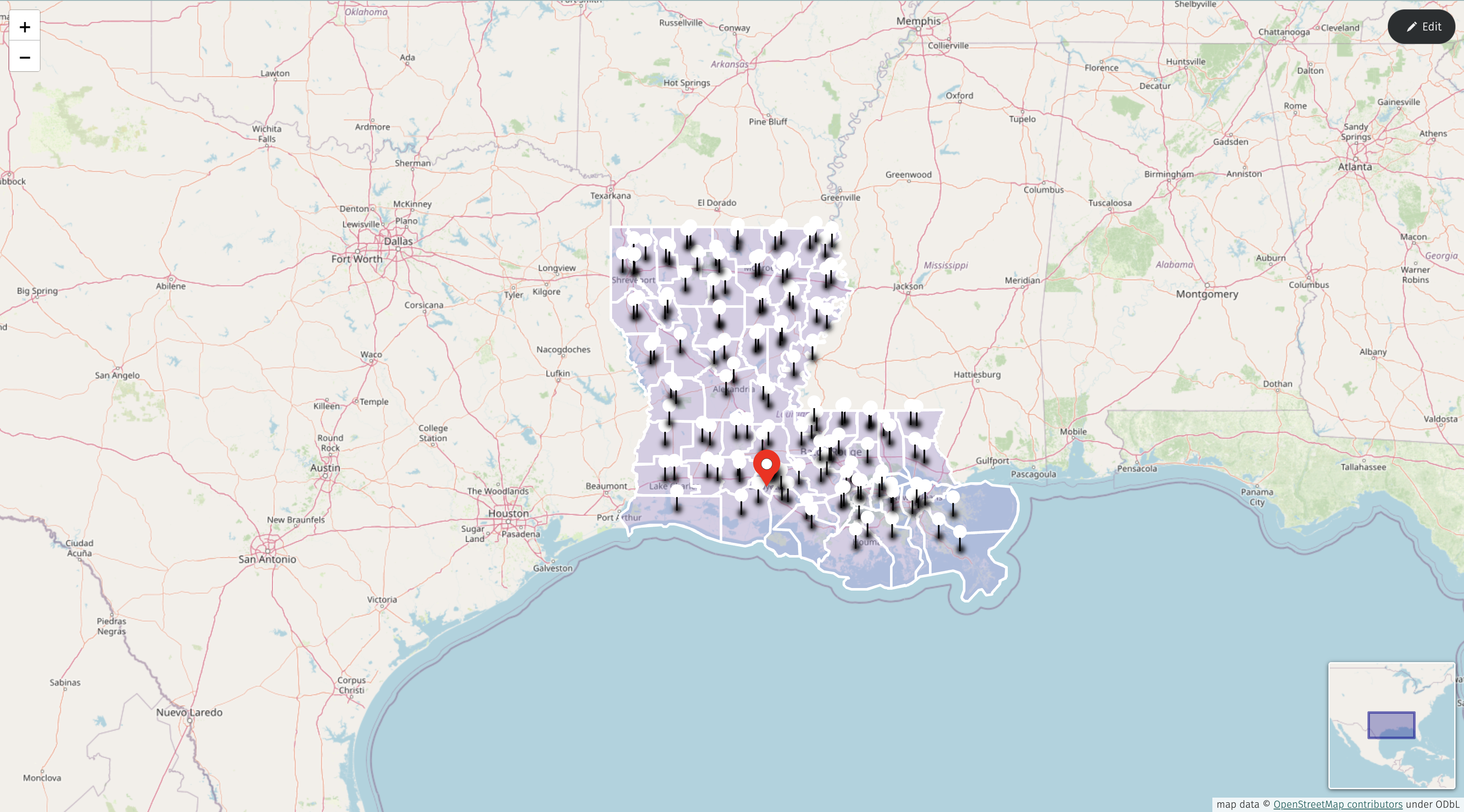 Color-coded functional medicine service area map of Louisiana showing all 64 parishes, each marked with a service pin for hormone therapy, erectile dysfunction treatment, weight loss medication, nutritional assessments, virtual health clinics, men's health services, blood work testing, and Semaglutide therapy by Improved Health Solutions.