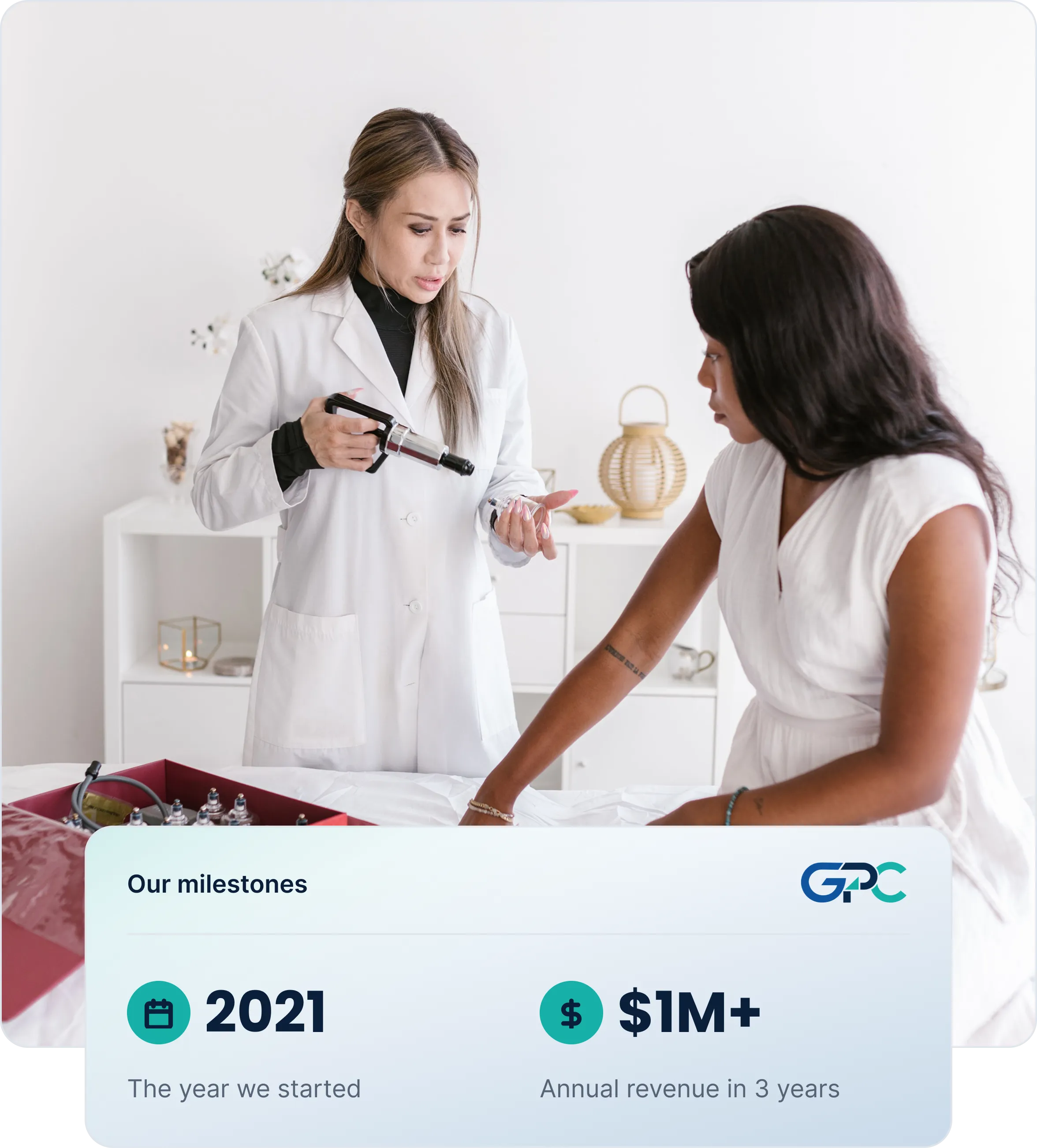 Physician consulting with a patient — our milestones: started 2021, $1M+ annual revenue in 3 years