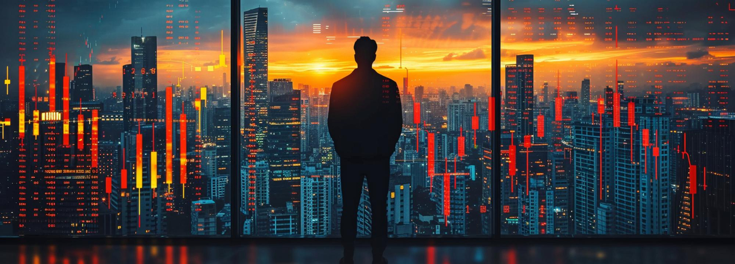 Inversor frente al skyline al atardecer