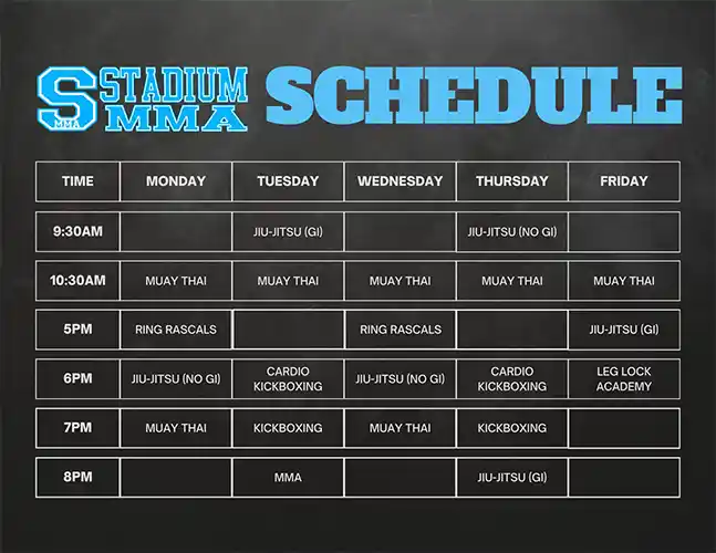 A weekly timetable (Monday through Friday) for Stadium MMA in Port Orange, Florida, listing various martial arts classes—Jiujitsu (Gi and No-Gi), Muay Thai, kickboxing, and kids' sessions