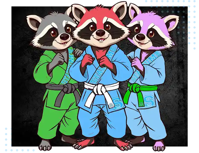 Three cartoon raccoons, each wearing a different-colored BJJ Gi, promoting the children’s Jiu Jitsu program at Stadium MMA in Port Orange, Florida