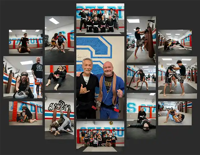 A collage of action-packed images from the diverse martial arts classes at Stadium MMA in Port Orange, Florida, showcasing a fun, inclusive atmosphere where everyone is enjoying their training