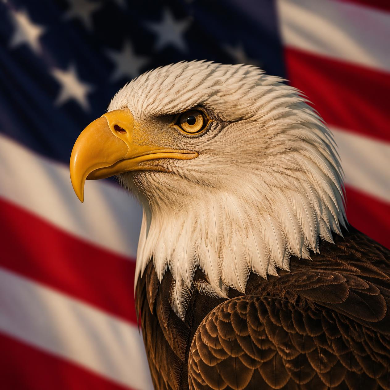 Bald eagle in front of the American flag