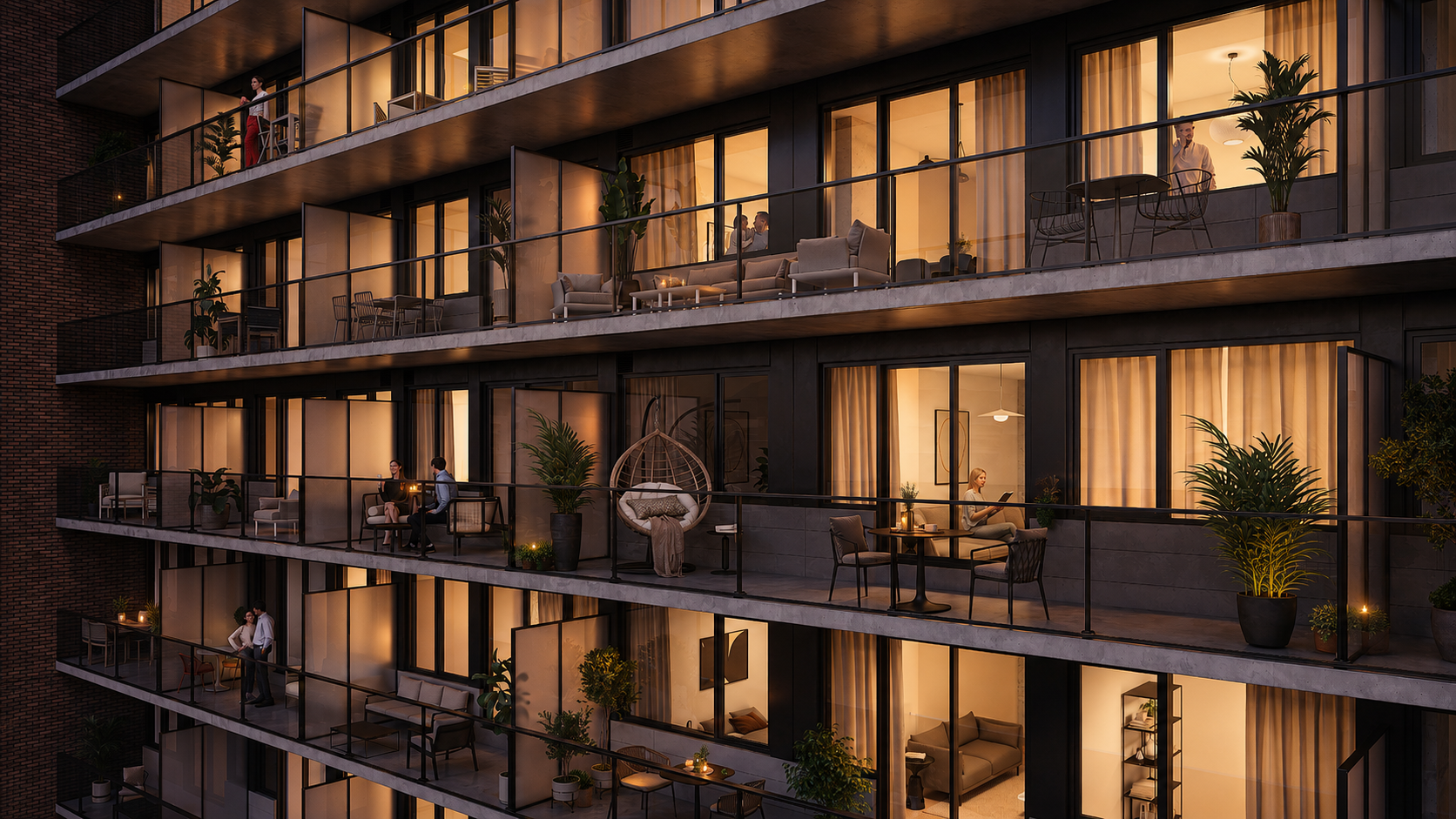 Spacious balconies and evening life at Les Loges