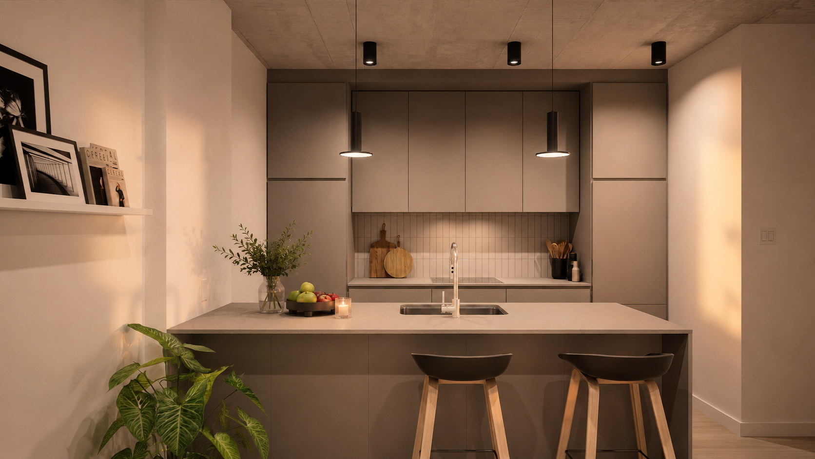 Streamlined kitchen with a large island in a Les Loges unit