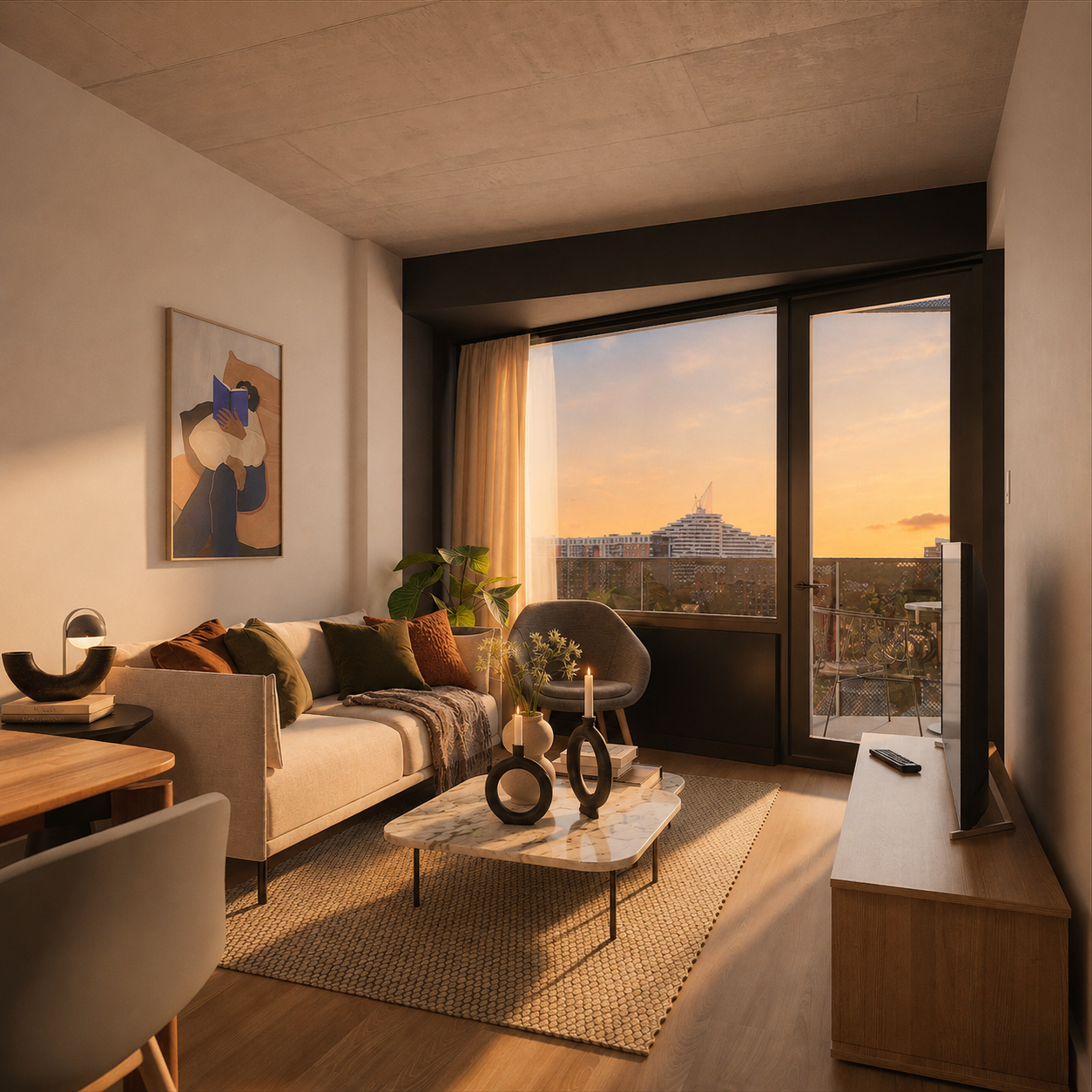 Contemporary, sunlit living room at Les Loges