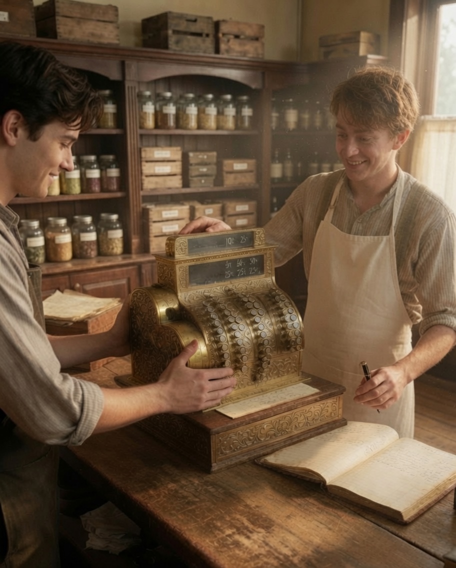 A new brass cash register arriving at an 1880s general store counter as the clerk looks on in awe, an old paper ledger pushed aside