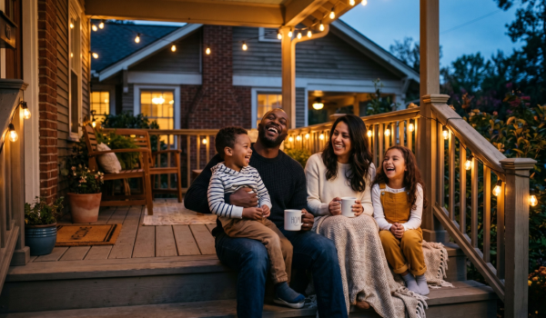 New homeowners on the porch of their home