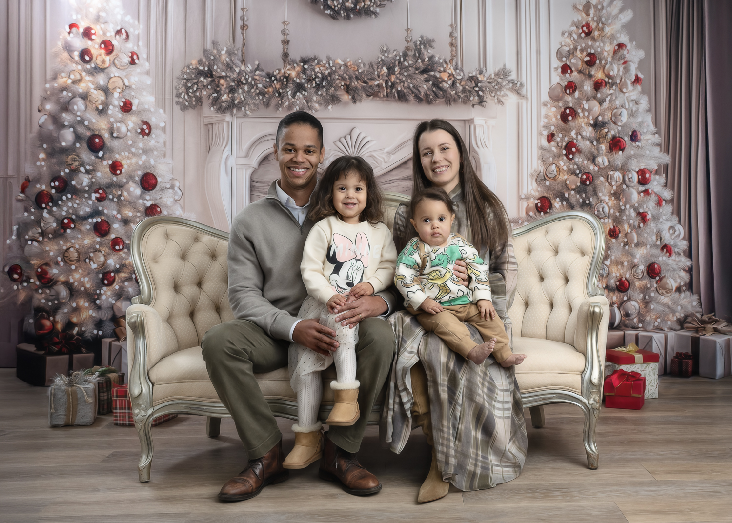 Family holiday portrait on a vintage sofa with white Christmas trees