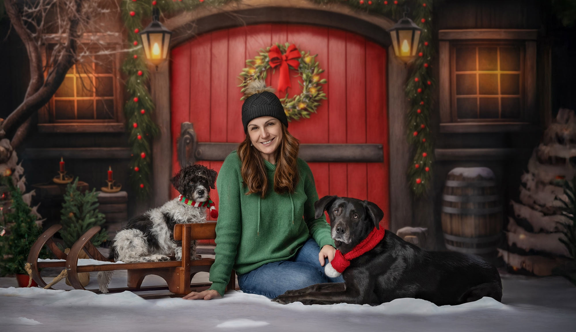 Luciana Calvin, PPA Master of Photography, with her dogs in the holiday studio set