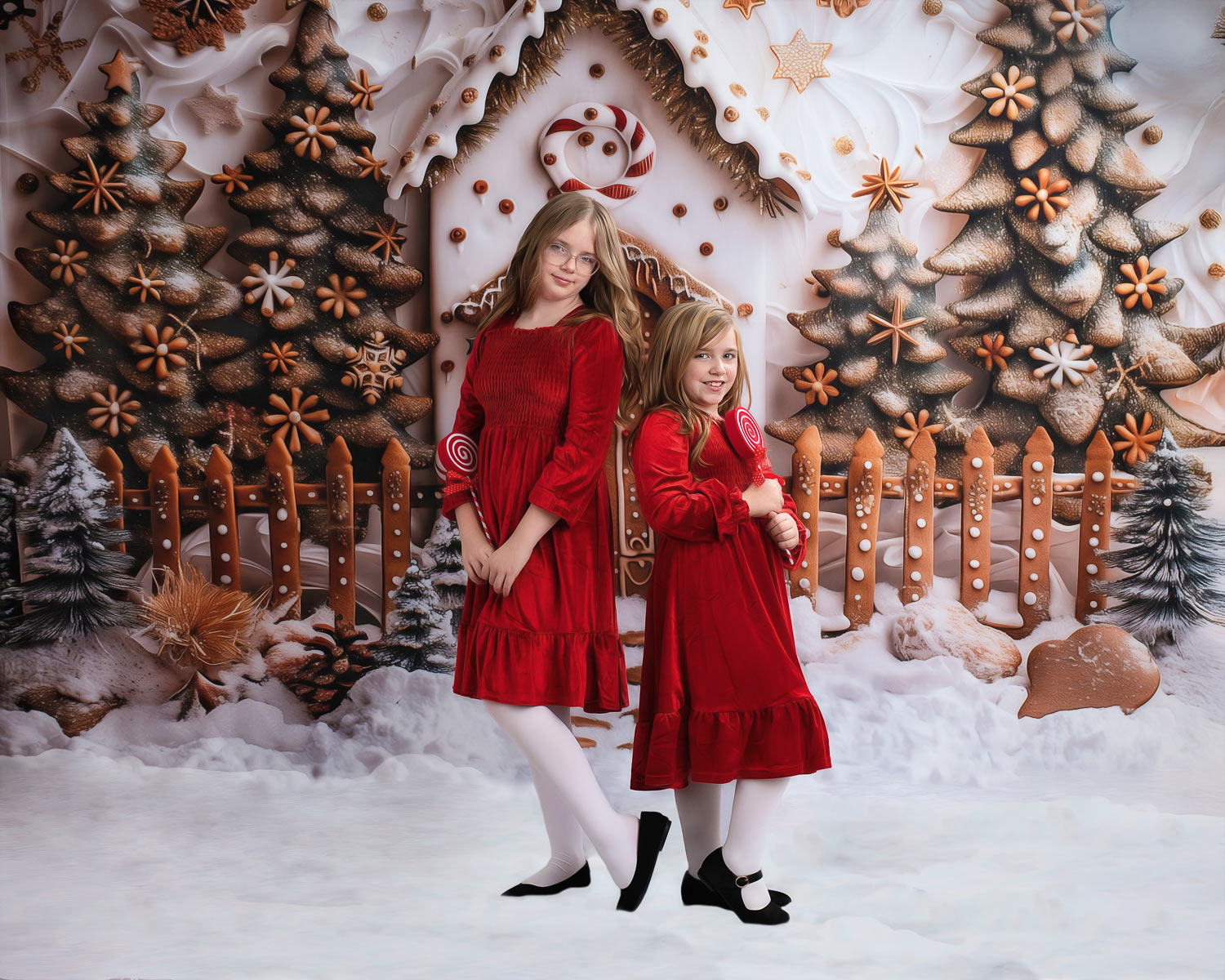 Two sisters in red holiday dresses in a snowy gingerbread holiday portrait set, Chelmsford MA