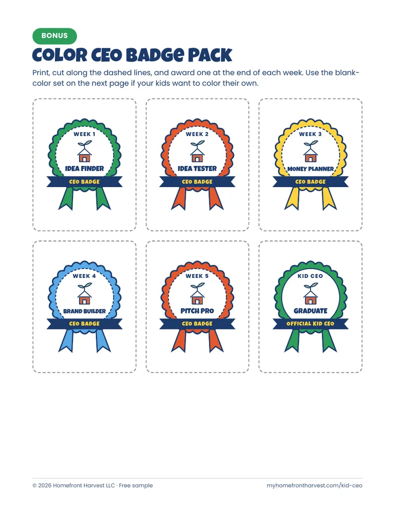 The six Kid CEO badges: Idea Finder, Idea Tester, Money Planner, Brand Builder, Pitch Pro, Kid CEO Graduate.