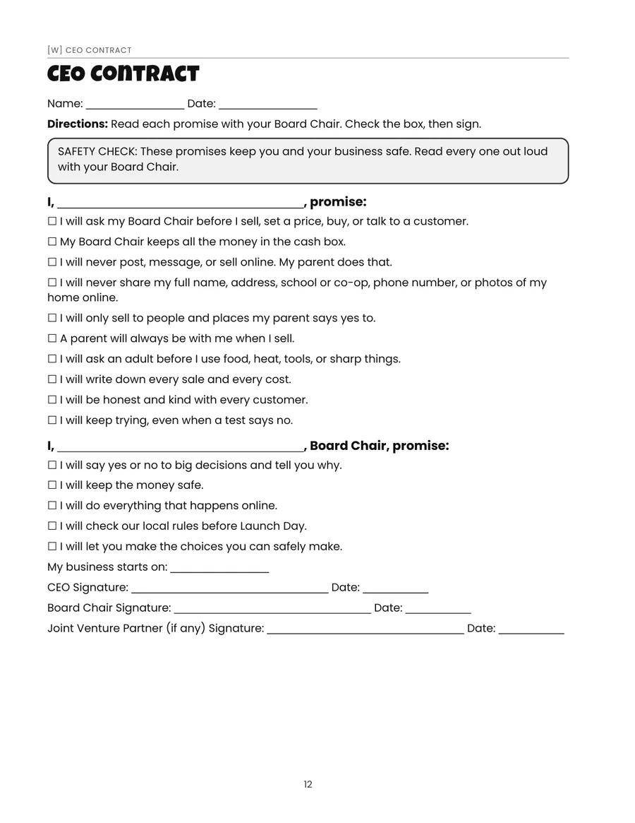 Workbook page: CEO Contract signed by the kid and the parent "Board Chair."