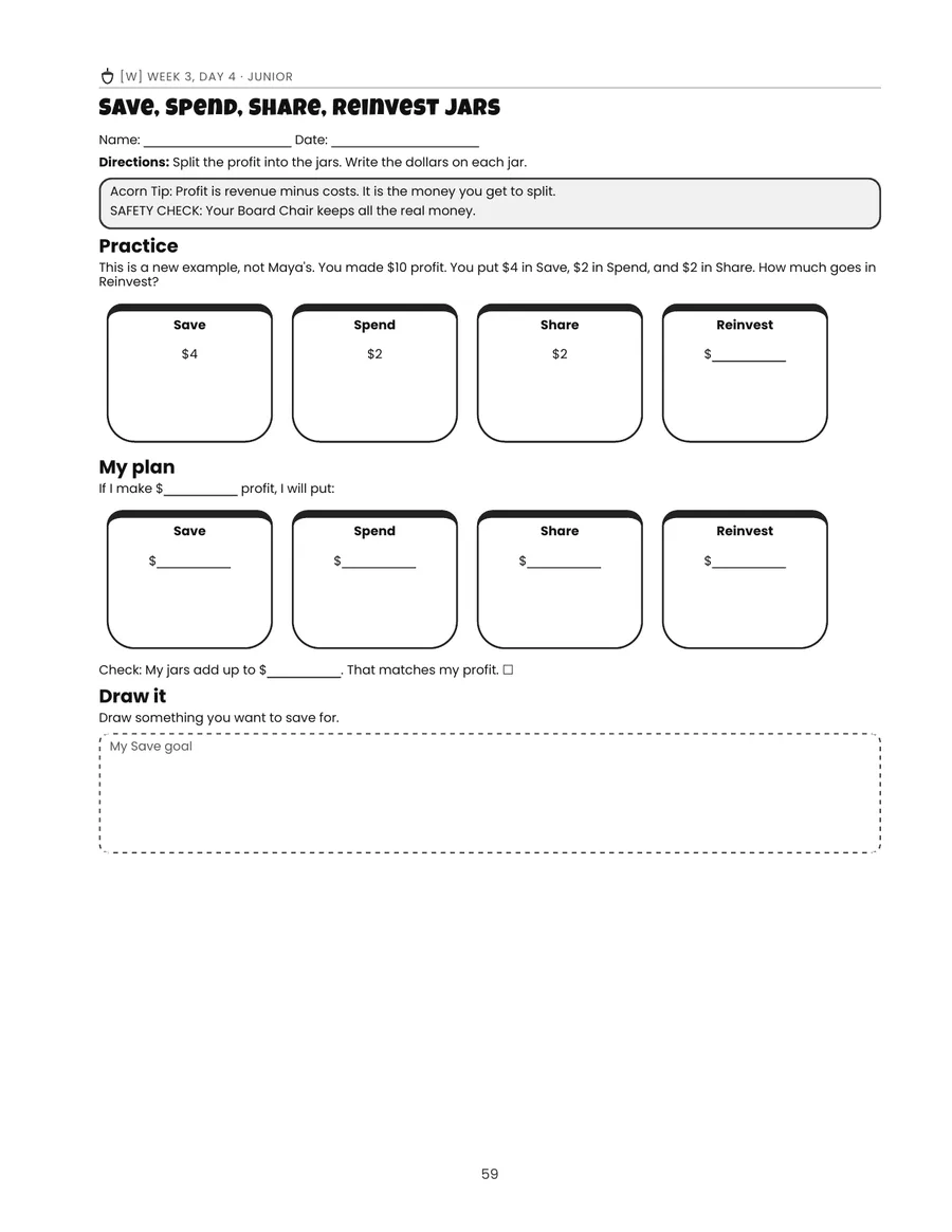 Worksheet: Save, Spend, Share, Reinvest money jars.