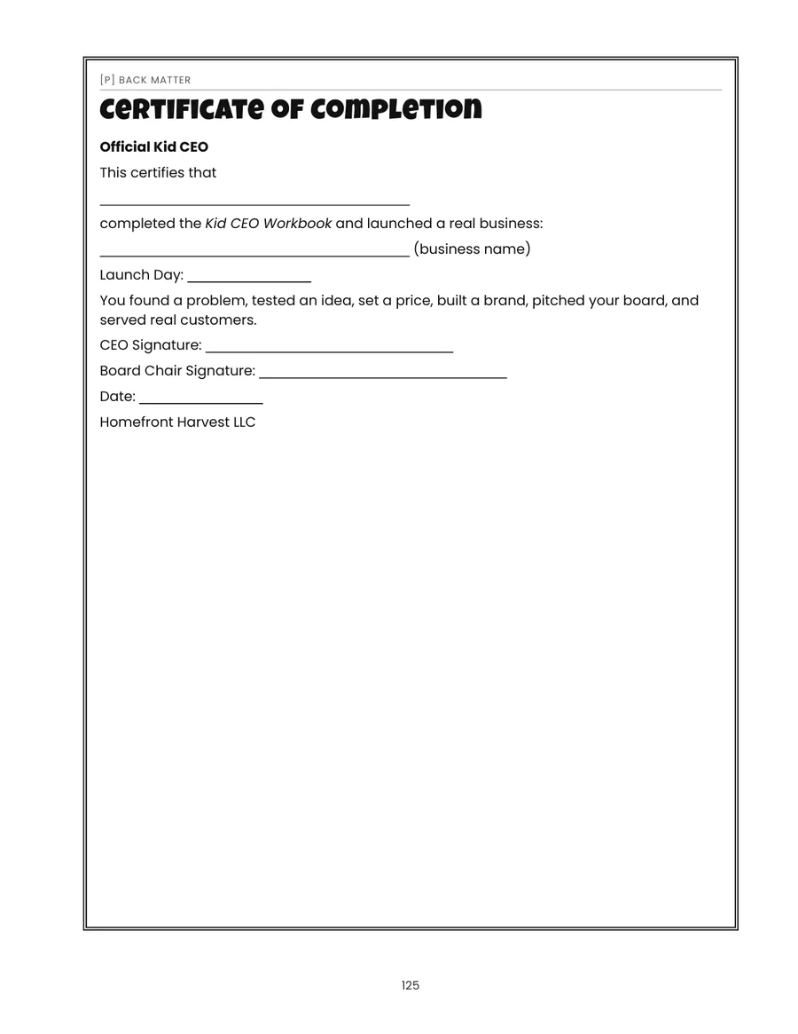 Official Kid CEO certificate.