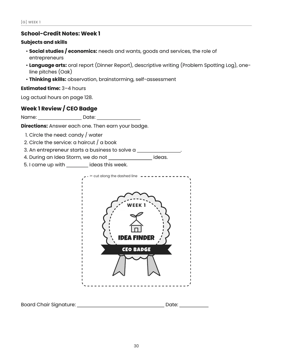Week 1 school-credit note and badge.