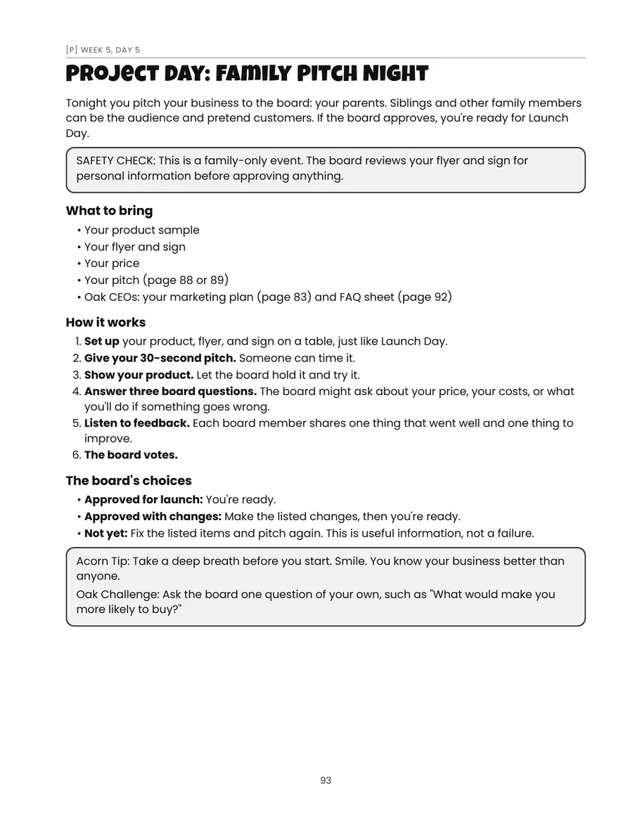 Workbook page: Project Day, Family Pitch Night.