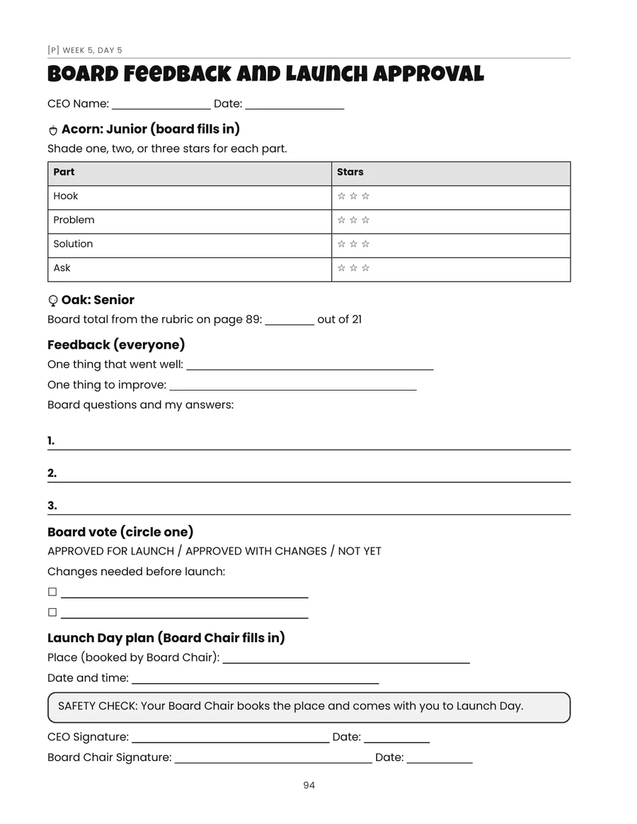 Worksheet: Board Feedback form for parents.