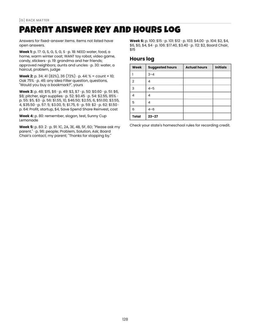 Hours log page for homeschool records.