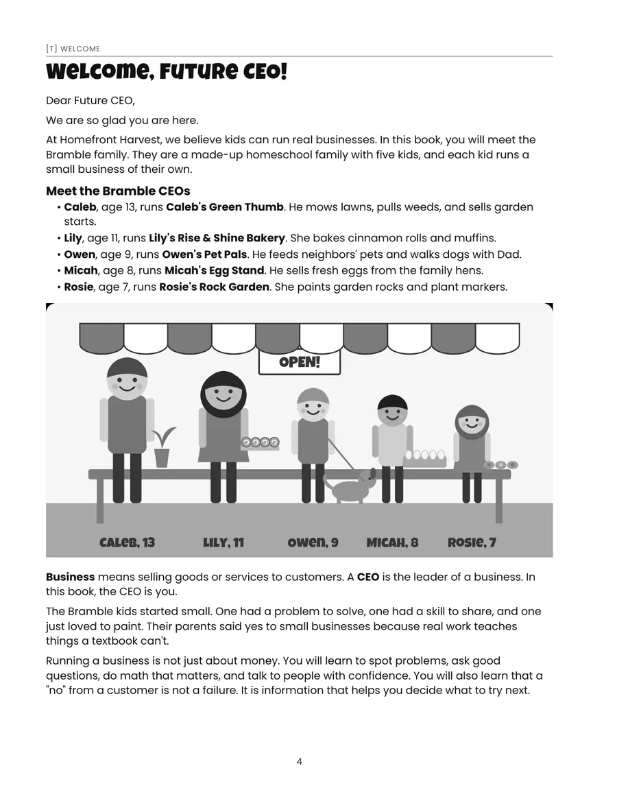 Workbook page: "Welcome, Future CEO!" letter.