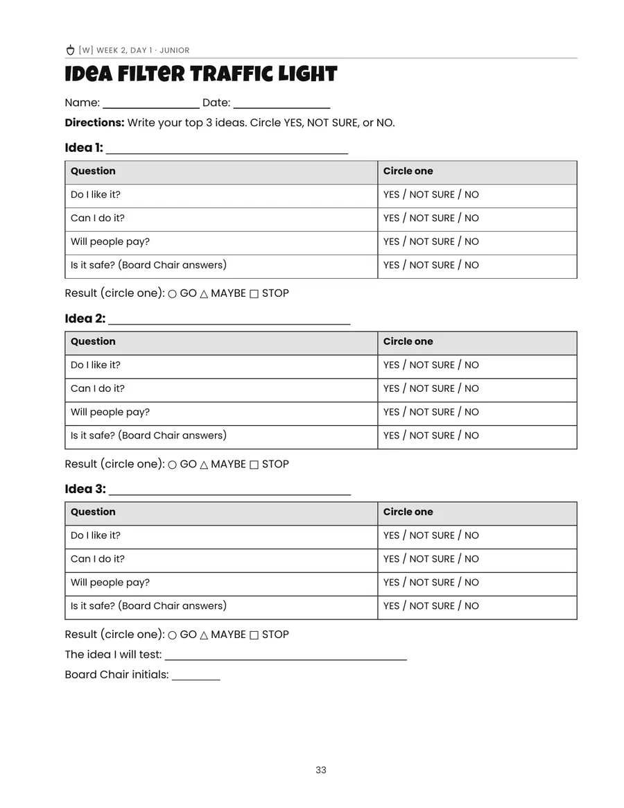 Junior worksheet: Idea Filter traffic light.