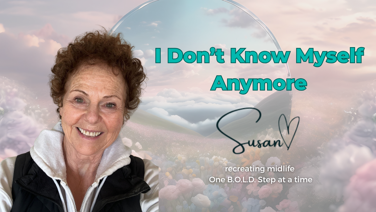 A woman with short, curly brown hair and a contemplative expression sits against a soft purple mountain backdrop. To her left, teal text reads "The Hidden Meaning of Resentment." Below the title is a signature-style logo for "Susan" with a heart, accompanied by the tagline "recreating midlife One B.O.L.D. Step at a time."
