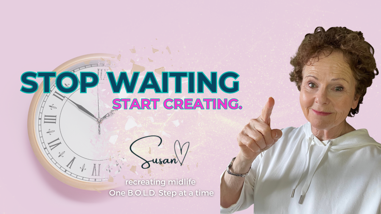 Transformational coach Susan pointing up with an encouraging expression next to the bold text "STOP WAITING. START CREATING." set against a minimalist pastel pink background featuring a clock graphic.