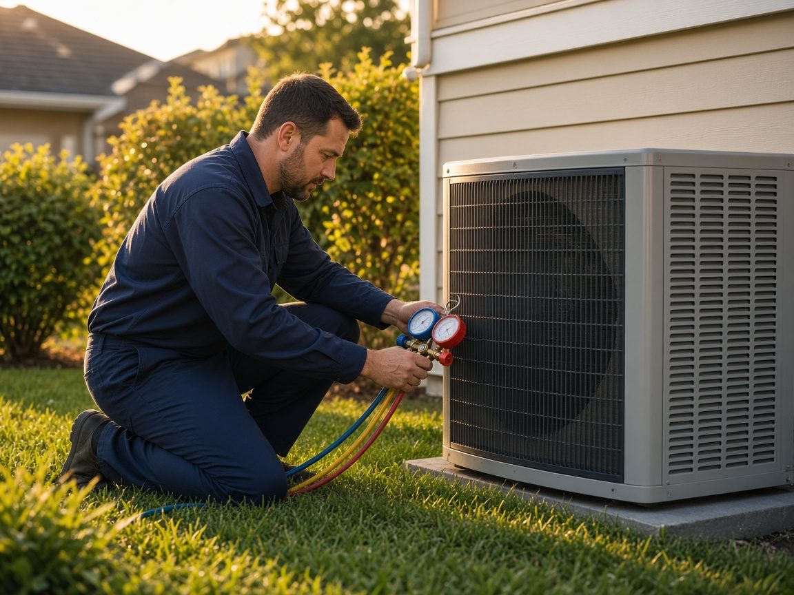 Residential HVAC technician in a navy uniform checking an outdoor AC unit at a suburban home