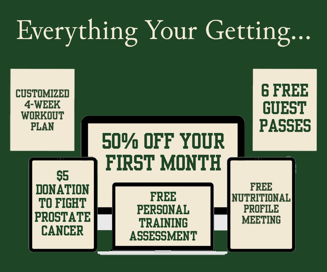 Everything included in Dupont Fitness's November offer: customized 4-week workout plan, 50% off first month, free personal training assessment, free nutritional profile meeting, 6 free guest passes, and $5 donation to fight prostate cancer.