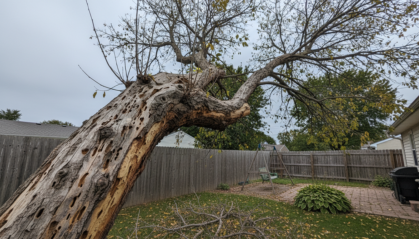 dangerous leaning ash tree with visible emerald ash borer damage