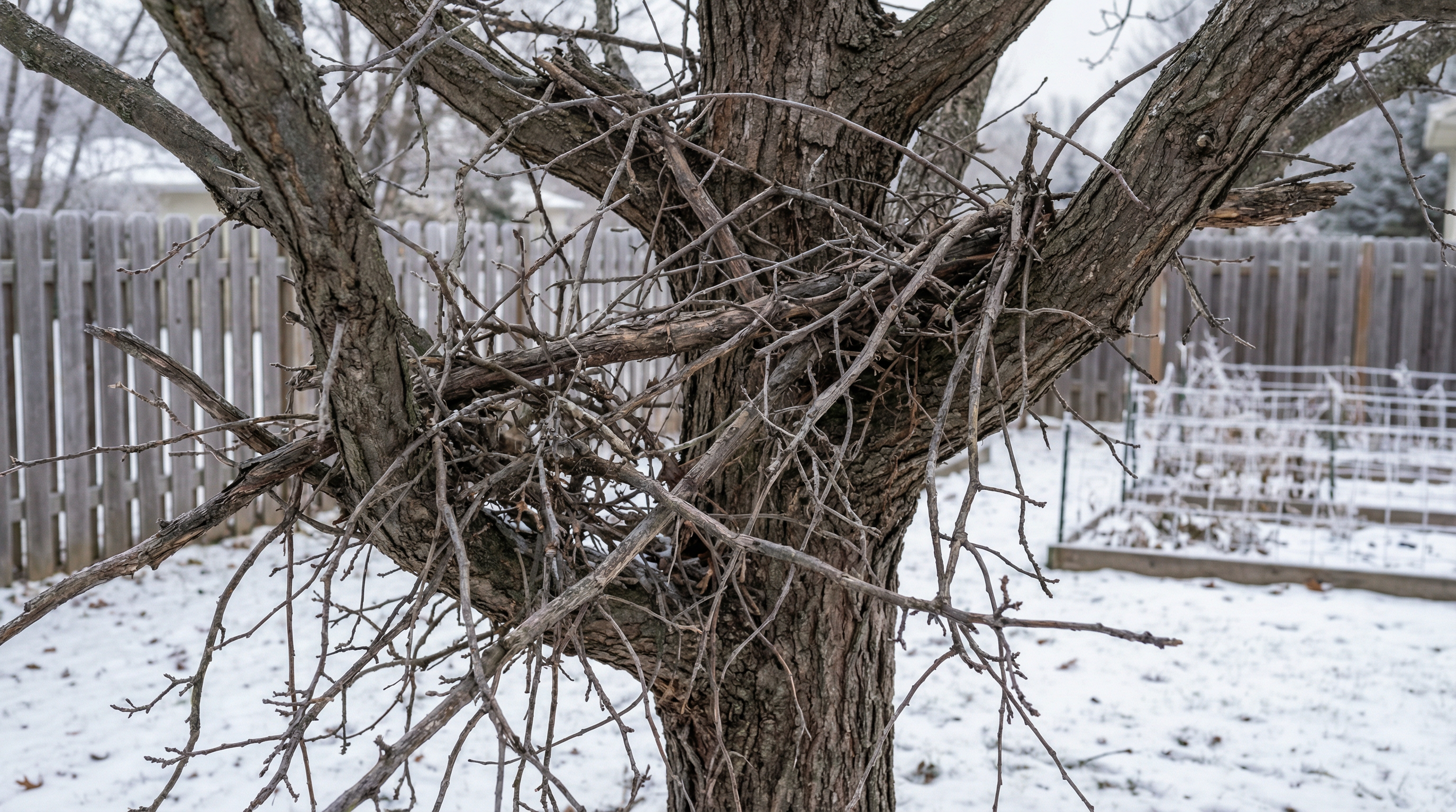oak tree before pruning (cluttered with dead branches)