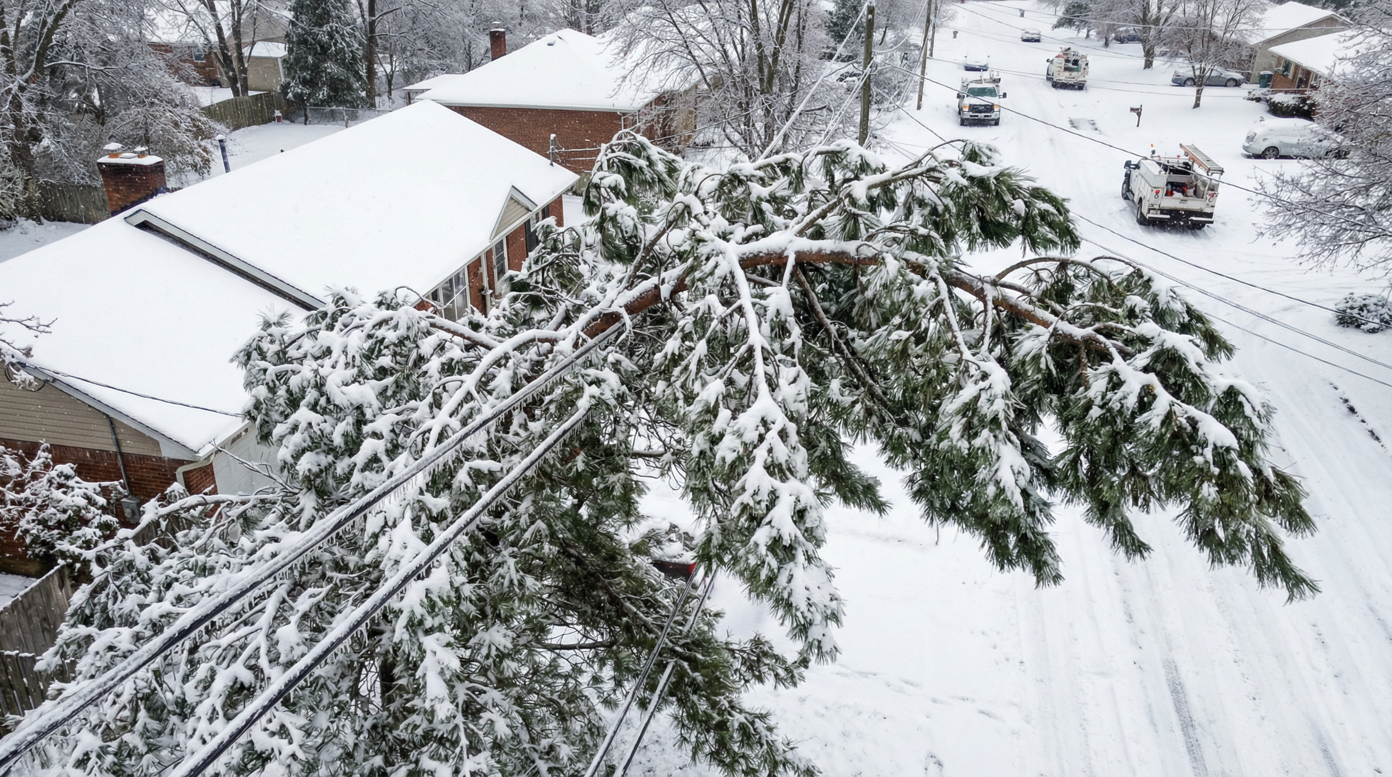 Tree hanging over power lines in winter Tree hanging over power lines in winter