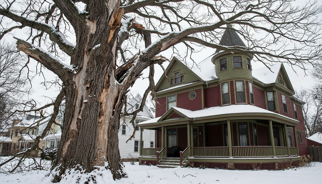 Large dead oak tree with obvious hazard signs Large dead oak tree with obvious hazard signs
