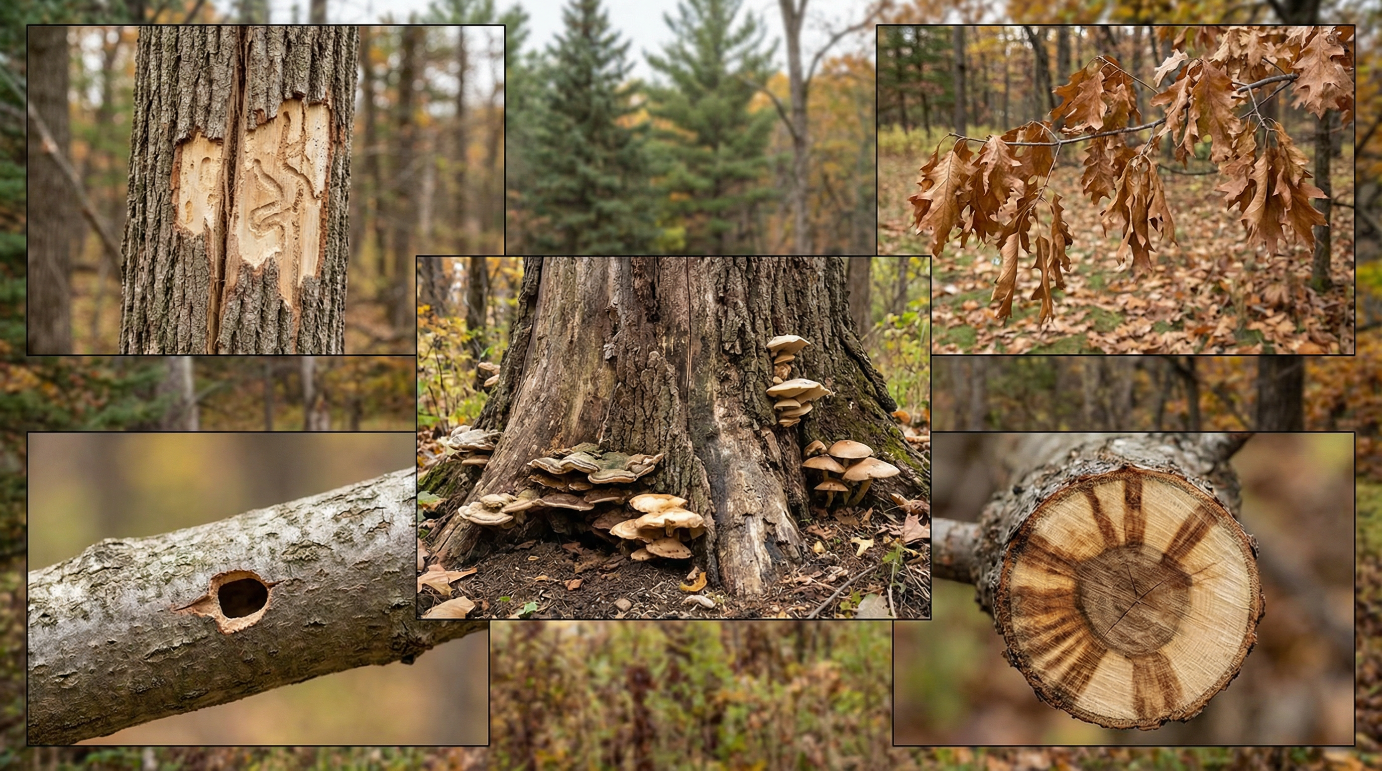 Visual guide showing 5 key signs of dead trees with Minnesota-specific examples Visual guide showing 5 key signs of dead trees with Minnesota-specific examples