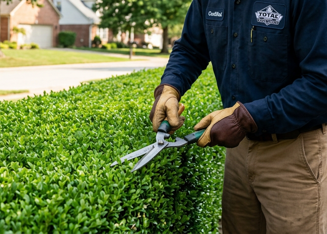 Professional arborist trimming boxwood hedge in Bloomington Minnesota