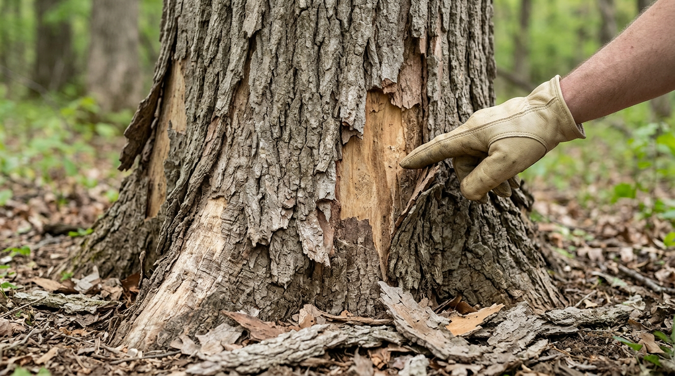 Tree bark damage with loose, peeling sections indicating declining tree health