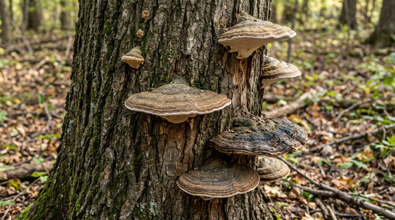 Bracket fungi growing on tree trunk indicating internal decay and structural compromise