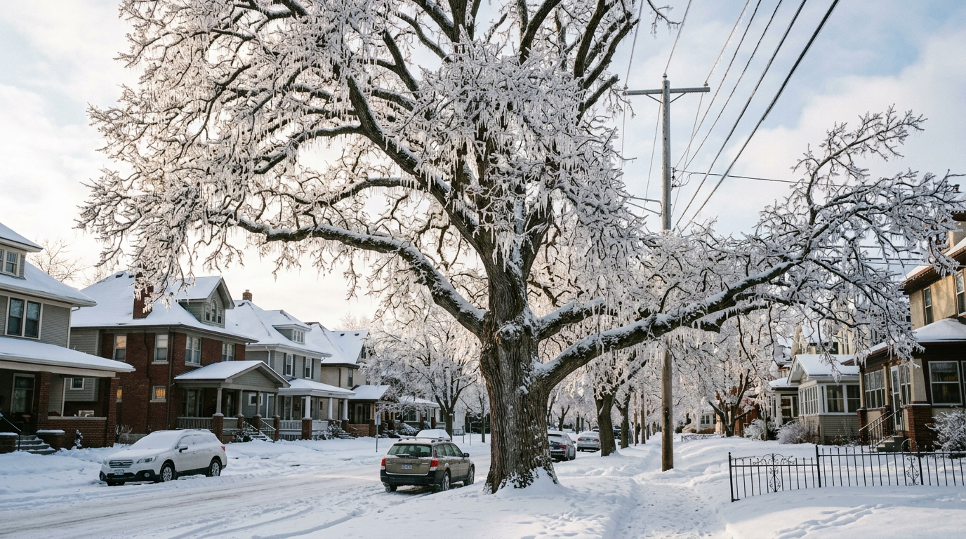 Ice-covered oak tree in St. Paul neighborhood showing heavy ice loading on branches with historic homes and power lines nearby Ice-covered oak tree in St. Paul neighborhood showing heavy ice loading on branches with historic homes and power lines nearby