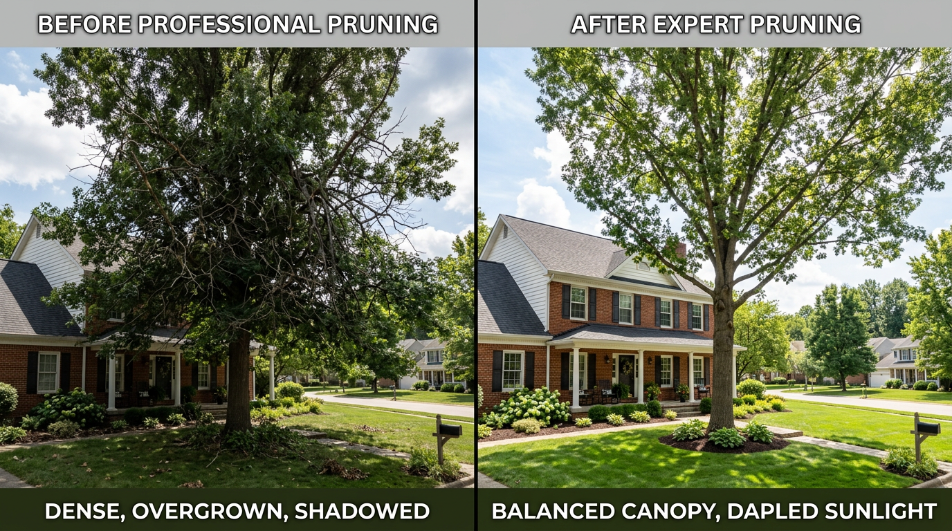 Before and after comparison of professional tree pruning on mature oak in Bloomington neighborhood showing improved structure and curb appeal