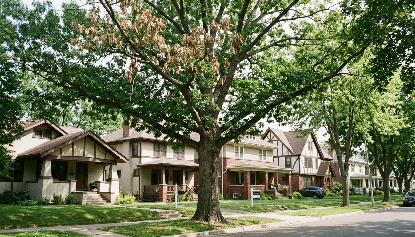 Minneapolis oak tree showing early oak wilt symptoms with brown-edged leaves in upper canopy Minneapolis oak tree showing early oak wilt symptoms with brown-edged leaves in upper canopy