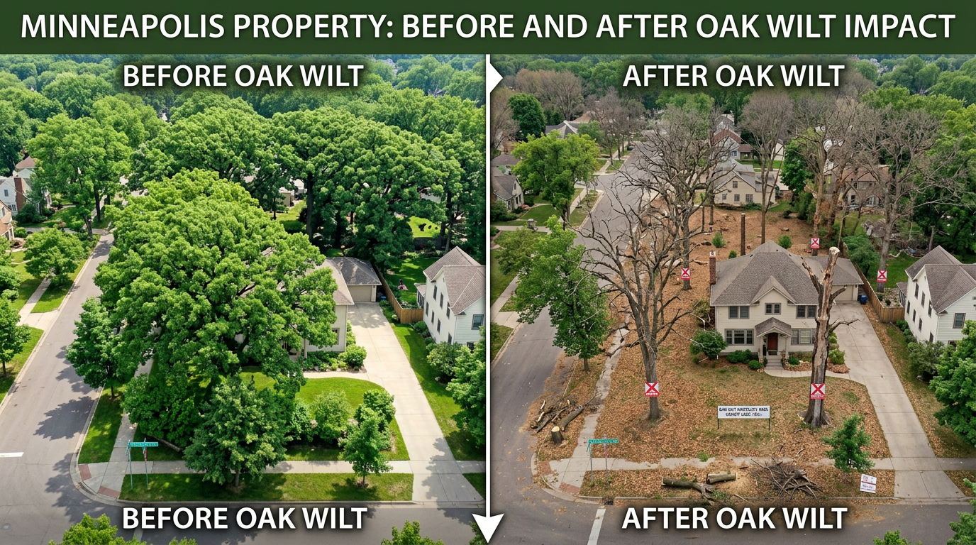 Before and after comparison showing healthy Minneapolis oak canopy versus area impacted by oak wilt Before and after comparison showing healthy Minneapolis oak canopy versus area impacted by oak wilt