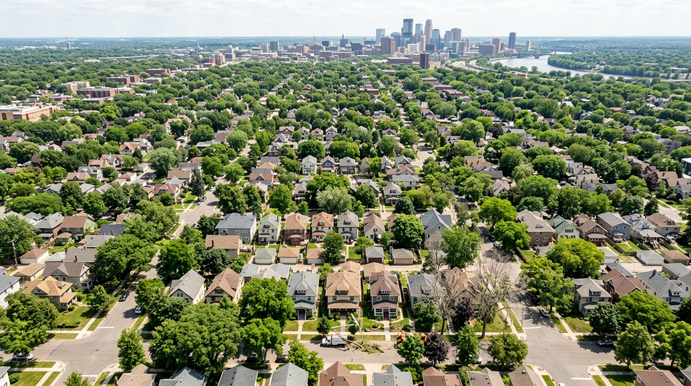 Aerial view of a typical Minneapolis neighborhood showing the dense urban tree canopy with a mix of healthy mature trees and several ash trees displaying emerald ash borer damage. The scene captures the characteristic Minneapolis grid pattern of tree-lined streets with bungalows and the challenge of managing urban forest health across the community. Aerial view of a typical Minneapolis neighborhood showing the dense urban tree canopy with a mix of healthy mature trees and several ash trees displaying emerald ash borer damage. The scene captures the characteristic Minneapolis grid pattern of tree-lined streets with bungalows and the challenge of managing urban forest health across the community.