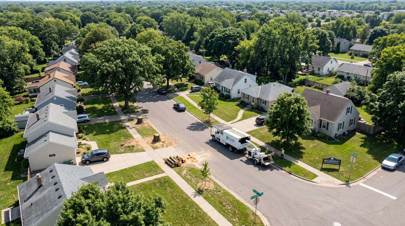 Aerial or elevated view of a typical Richfield neighborhood street showing the beautiful mature tree canopy that defines the area, with a mix of healthy trees and a few obvious gaps where trees have been removed. The image captures the community's established character while highlighting the ongoing tree management challenges residents face.