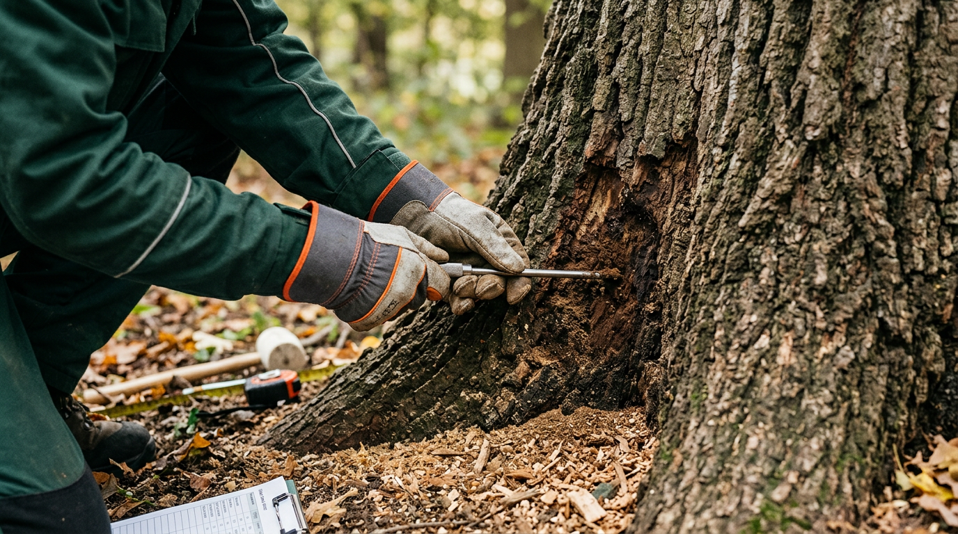 Professional arborist examining tree trunk for structural integrity and decay