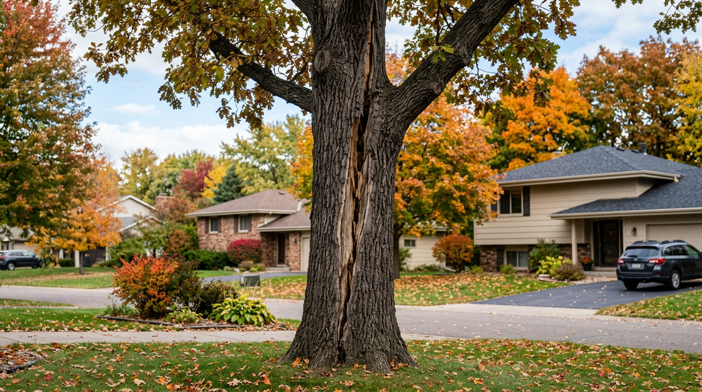 A mature oak tree in a Bloomington residential yard showing a prominent vertical crack running down the trunk A mature oak tree in a Bloomington residential yard showing a prominent vertical crack running down the trunk