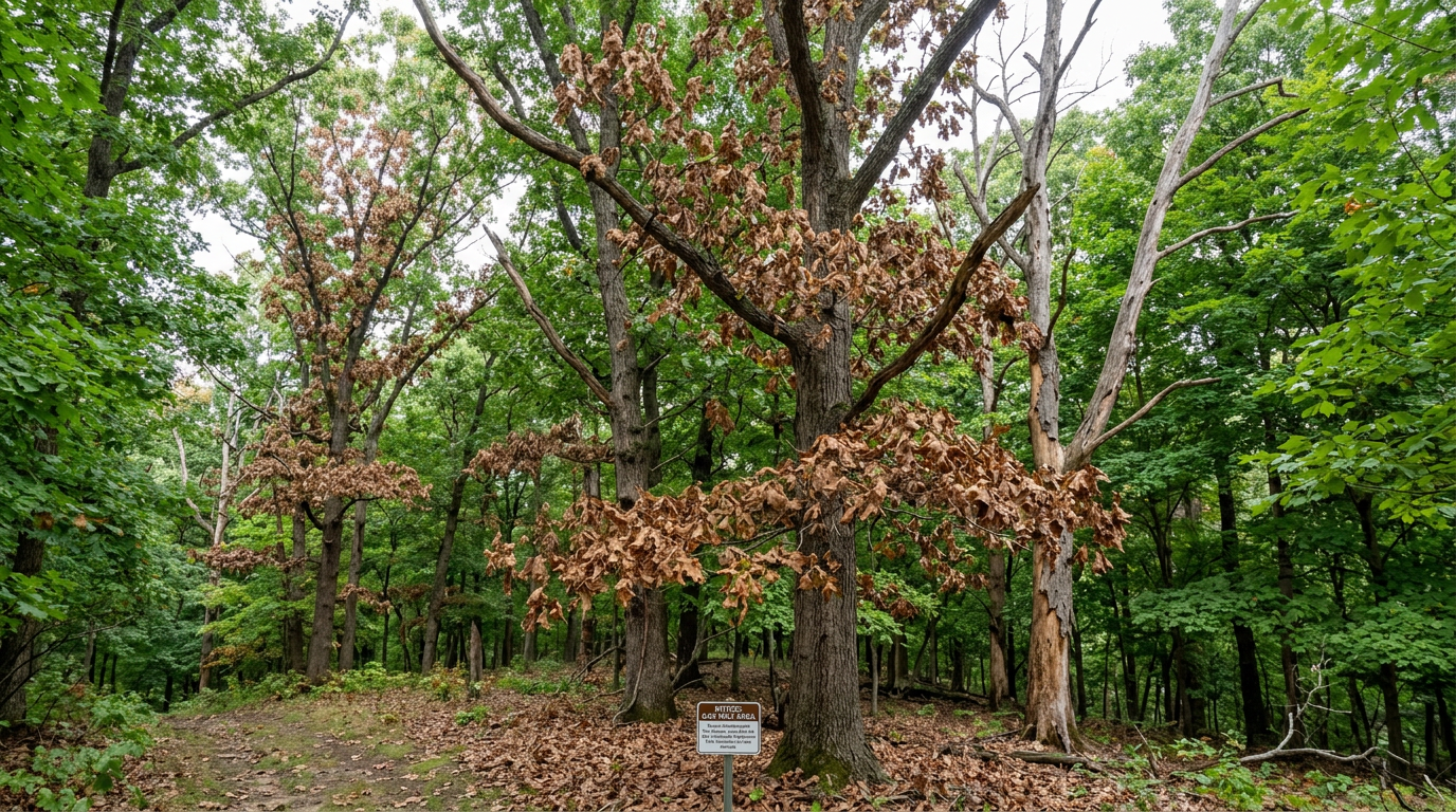 A tree severely affected by oak wilt. A tree severely affected by oak wilt.