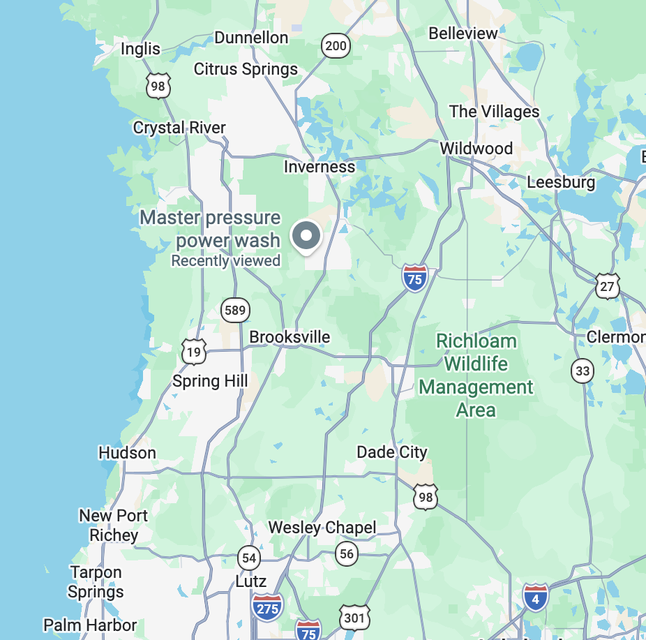Service area map for Master Pressure Power Wash in Central & West Florida