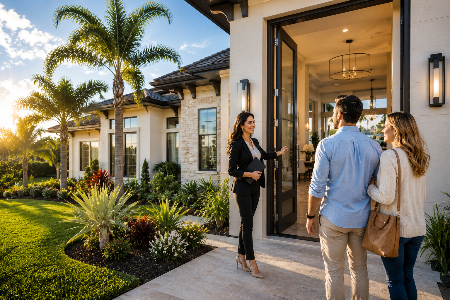 Real estate professional presenting a home to prospective clients
