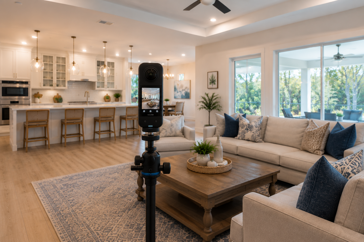 Professional 360 camera positioned inside a home