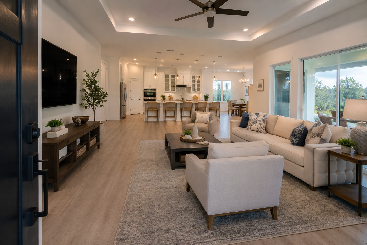 Bright modern living room prepared for an interactive 360 virtual tour